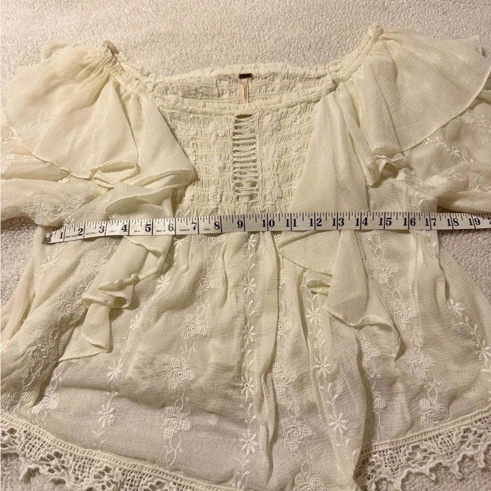 Free People Cream Lace Peasant Blouse with Ruffled Shoulders - Picture 8 of 16